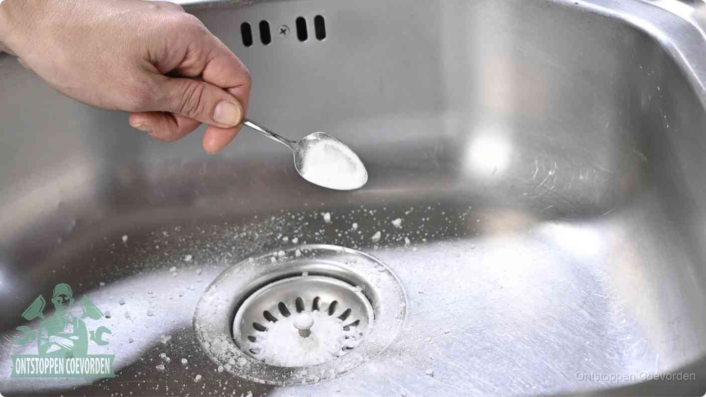 Een hand strooit met een lepel soda in de afvoer van een roestvrijstalen spoelbak, de soda en azijn huismiddel-methode om de afvoer te ontstoppen in Coevorden